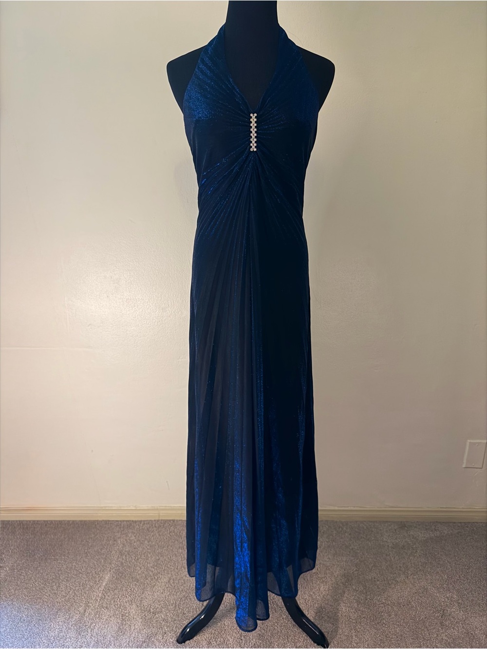 1970s 1980s Vintage Kiki Blue Lurex Metallic V-neck Halter dress